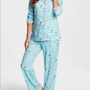 Munki Munki Light Blue Donut Latte Coffee Flannel Pajamas Size Medium